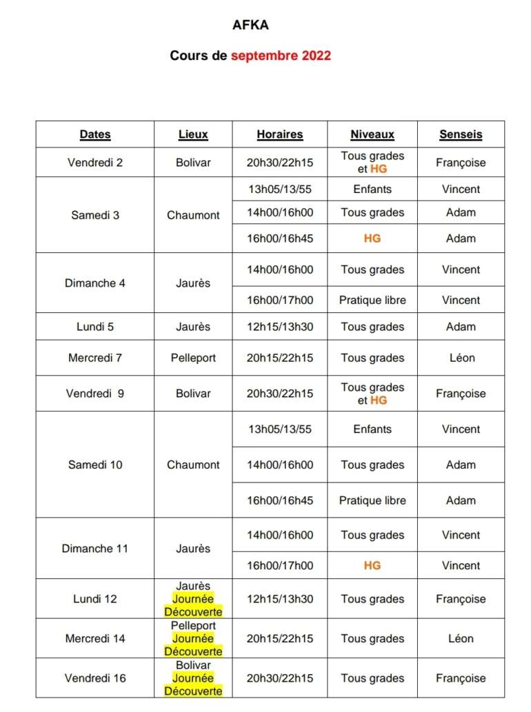 Planning septembre