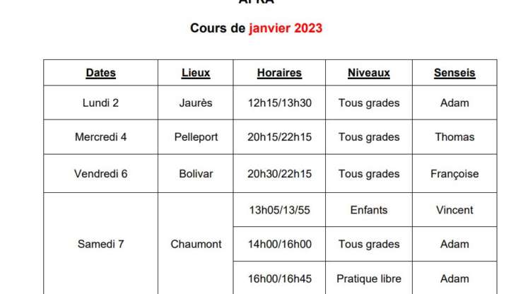 Planning janvier 2023