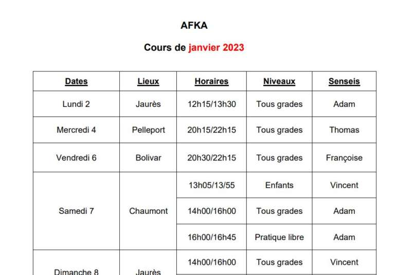 Planning janvier 2023