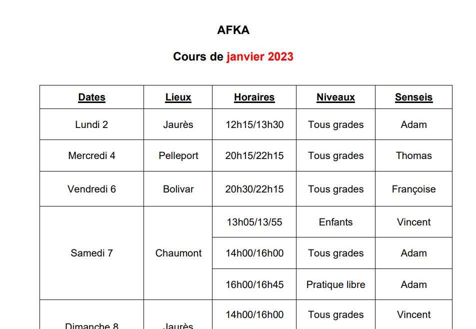 Planning janvier 2023